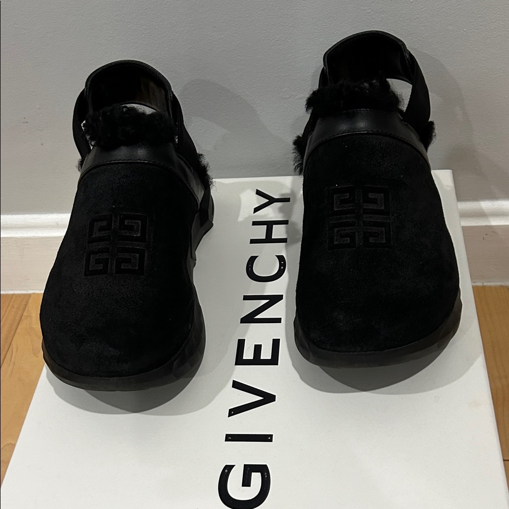 Givenchy Black Fur-Trimmed Slip-Ons